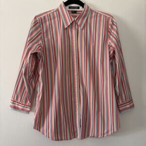 Lauren Ralph Lauren Striped Button Up 3/4 Sleeve Buttonless Cuff Shirt Womens L